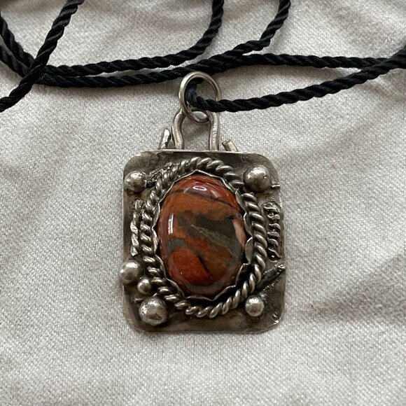 Jewelry - Artist Signed Red Jasper Sterling Handmade Pendant on Black Cord